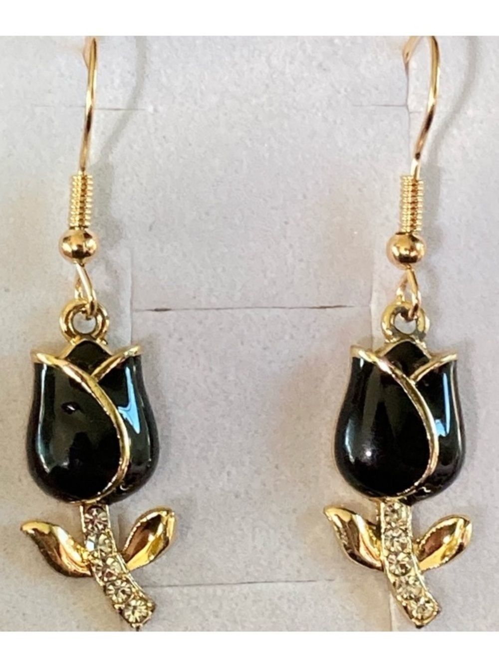 Black Enamel Tulip Flower Diamond Gold Toned Earrings